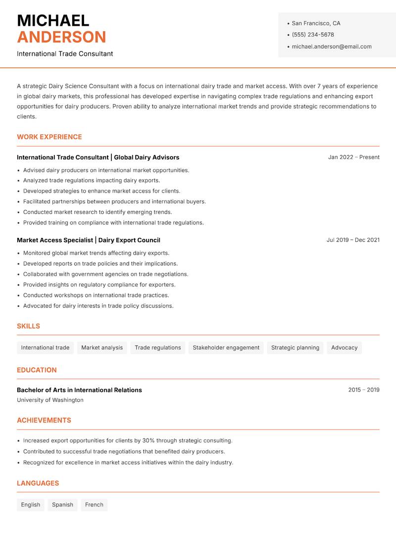Dairy Science Consultant resume sample — International Trade Consultant focus