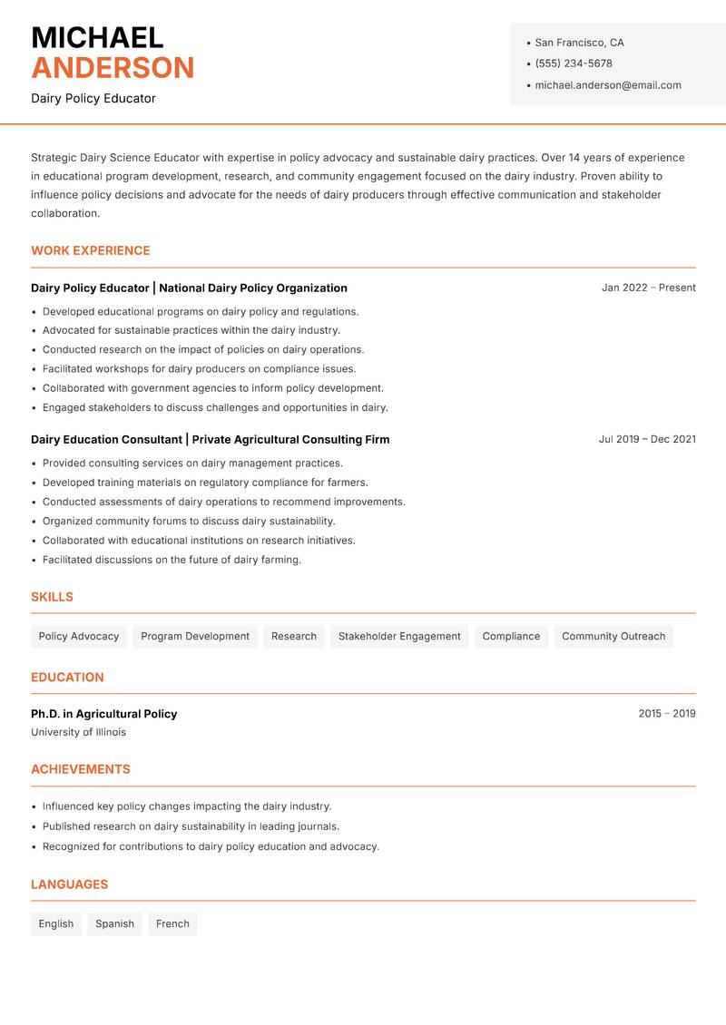 Dairy Science Educator resume sample — Dairy Policy Educator focus