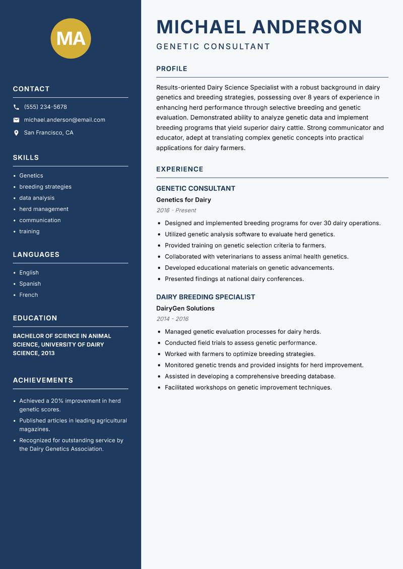 Dairy Science Specialist resume sample — Genetic Consultant focus