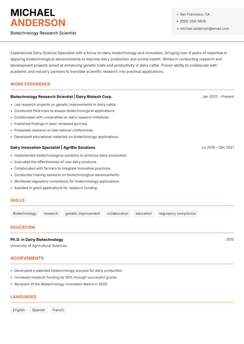 Dairy Science Specialist resume sample — Biotechnology Research Scientist focus