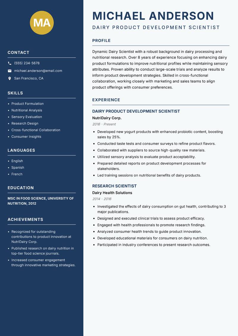 Dairy Scientist resume sample — Dairy Product Development Scientist focus