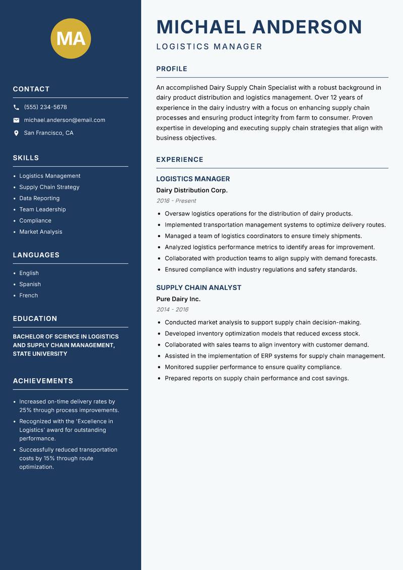 Dairy Supply Chain Specialist resume sample — Logistics Manager focus