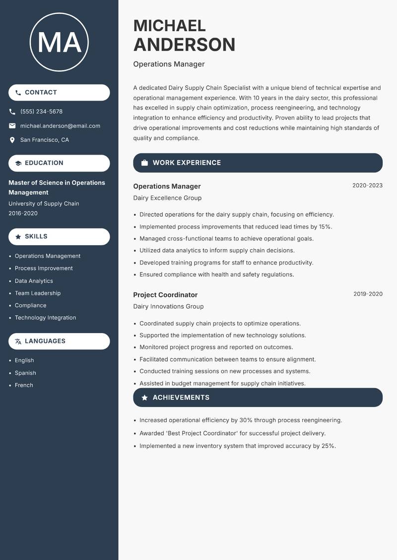 Dairy Supply Chain Specialist resume sample — Operations Manager focus