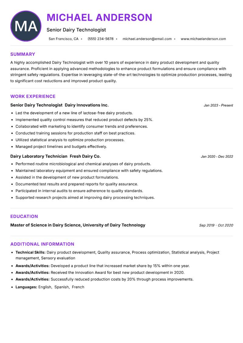 Dairy Technologist resume example
