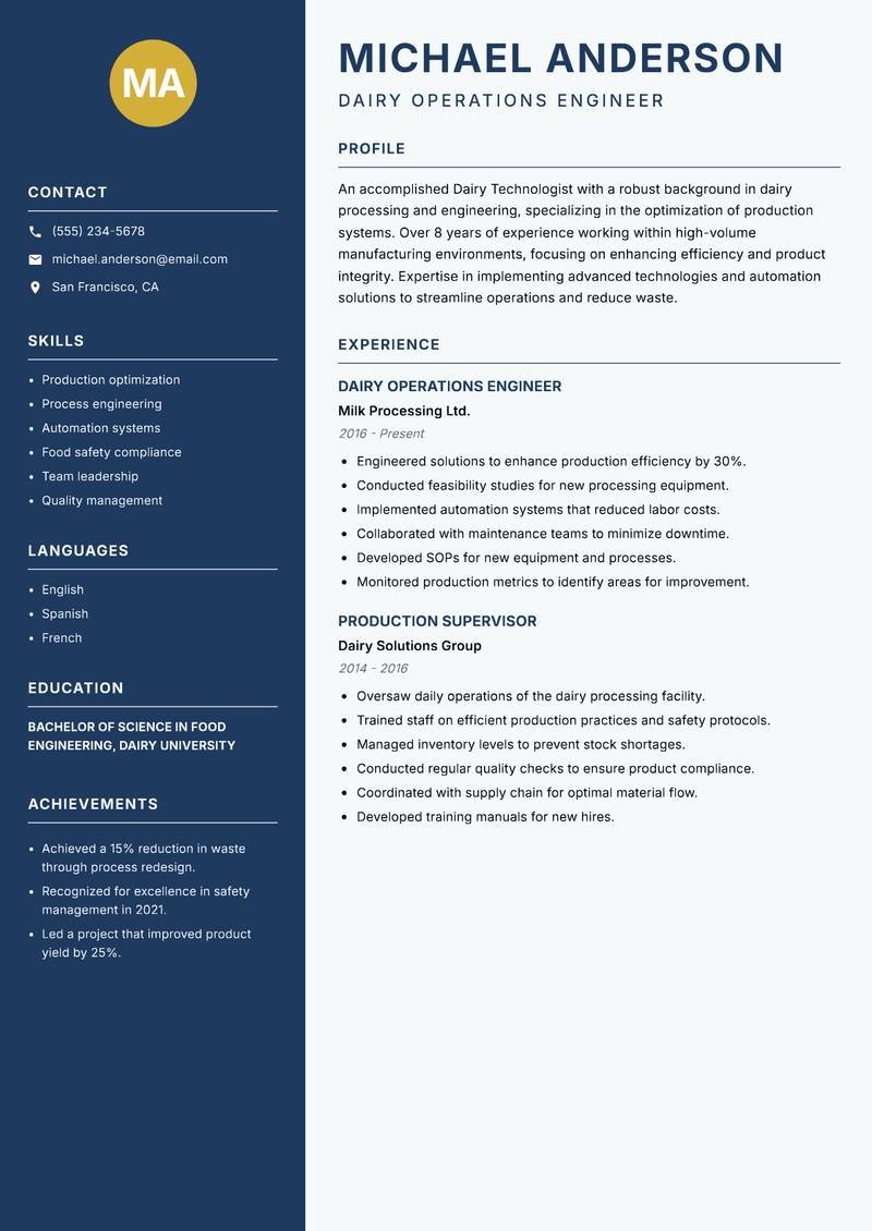 Dairy Technologist resume sample — Dairy Operations Engineer focus