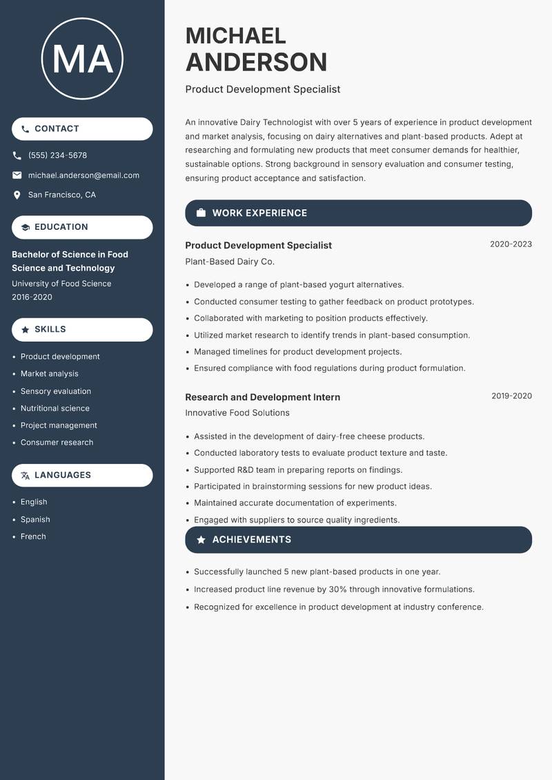 Dairy Technologist resume sample — Product Development Specialist focus