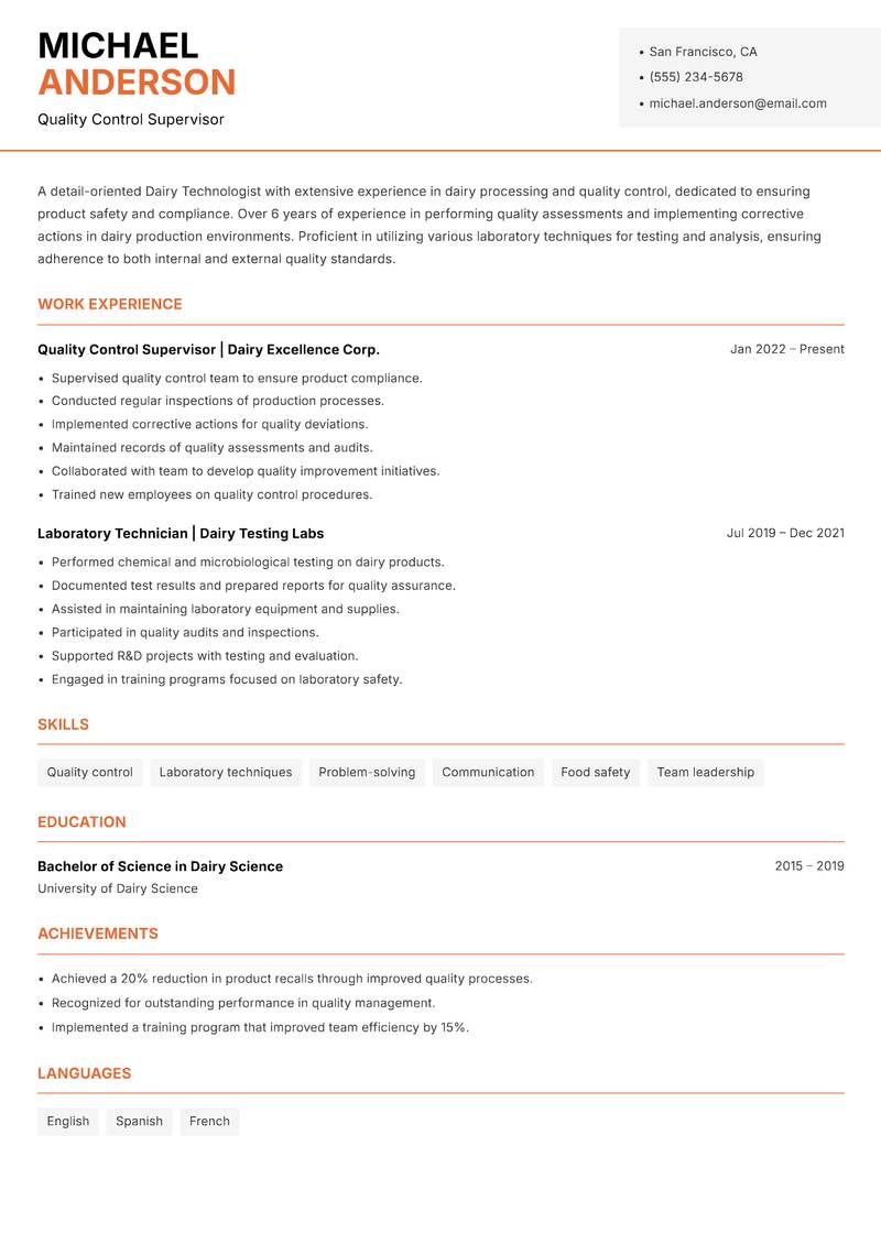 Dairy Technologist resume sample — Quality Control Supervisor focus