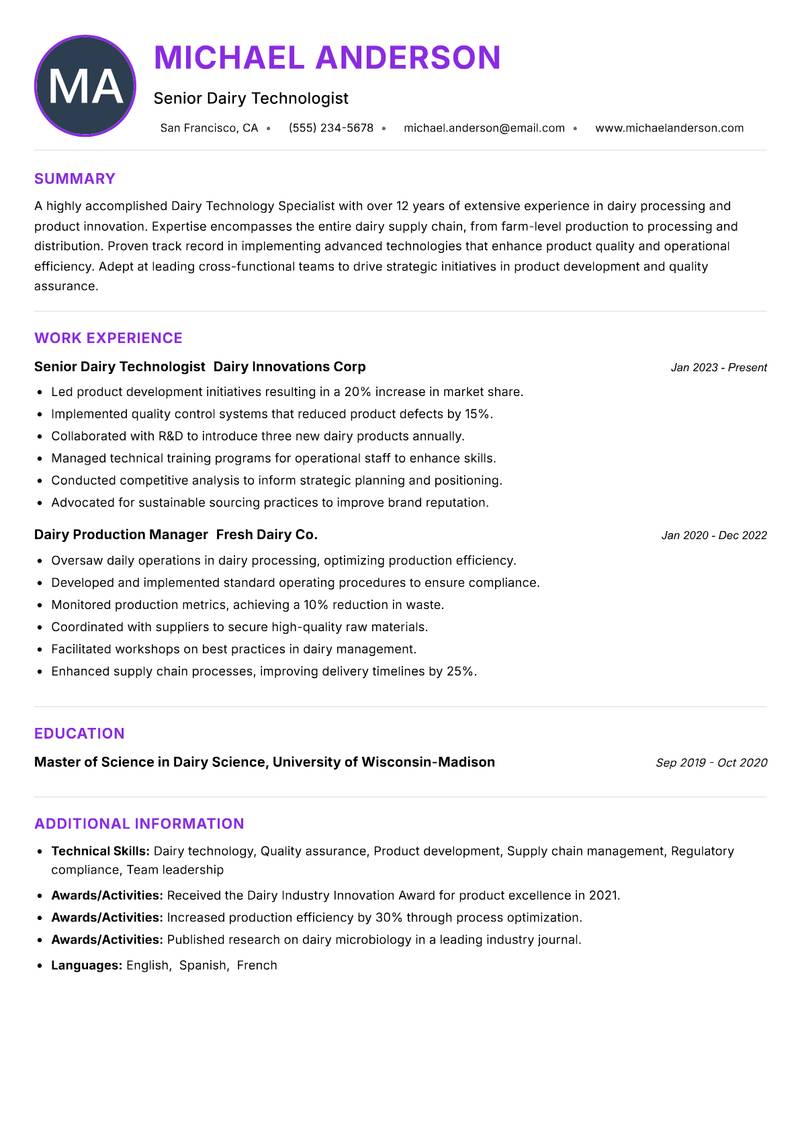 Dairy Technology Specialist resume example