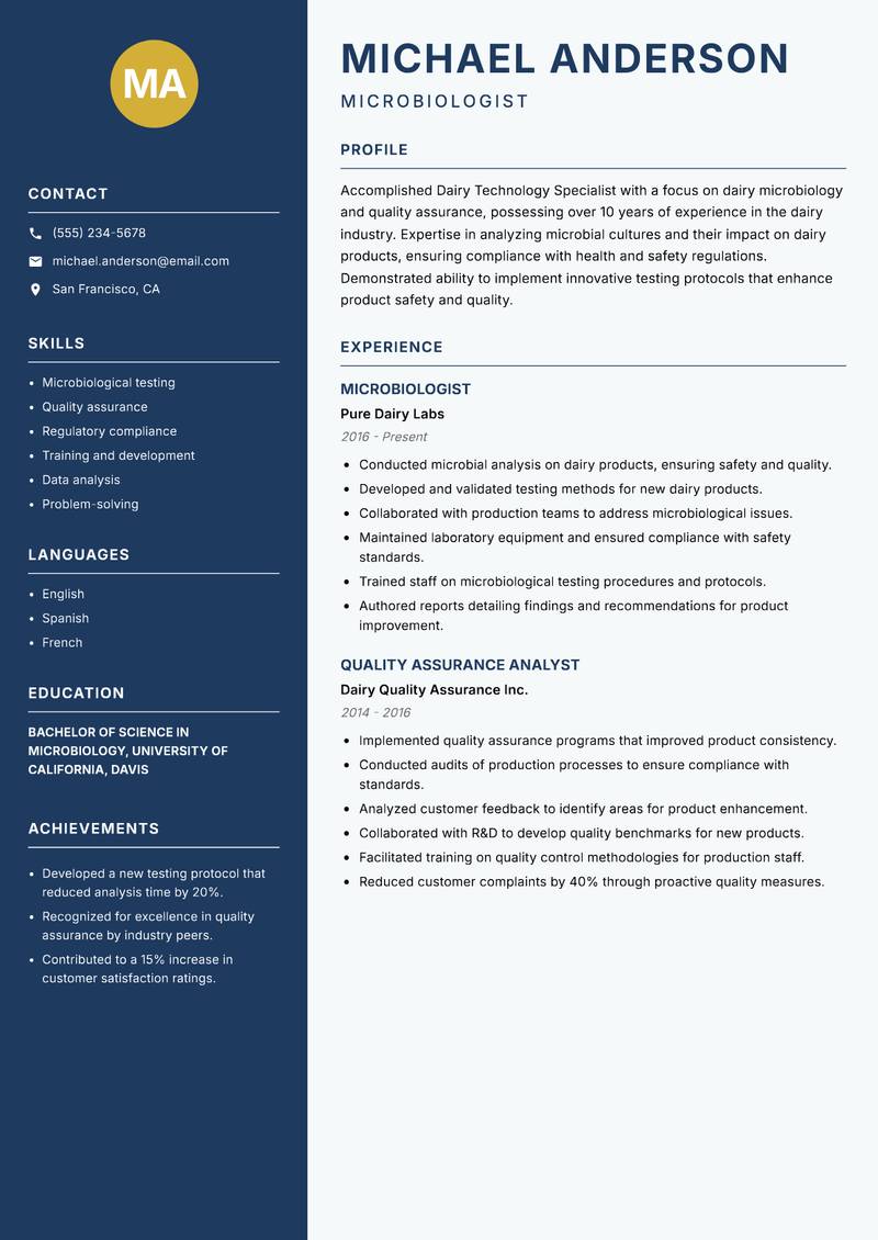 Dairy Technology Specialist resume sample — Microbiologist focus