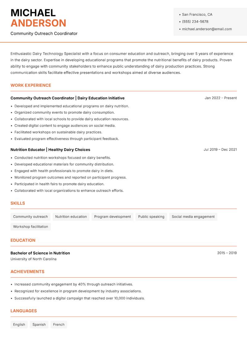 Dairy Technology Specialist resume sample — Community Outreach Coordinator focus