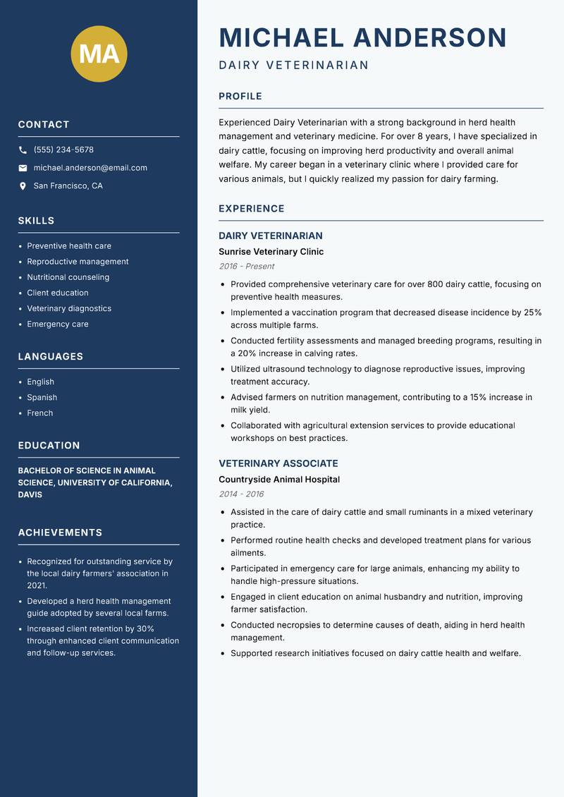 Dairy Veterinarian resume sample — Dairy Veterinarian focus