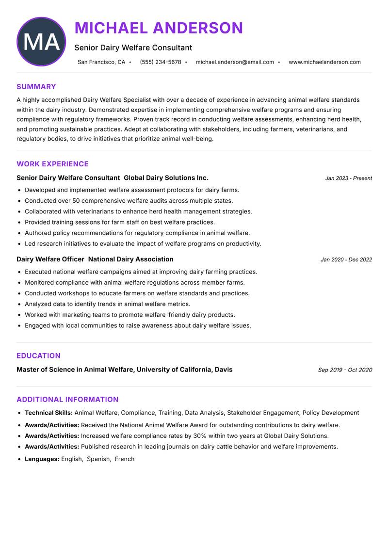 Dairy Welfare Specialist resume example