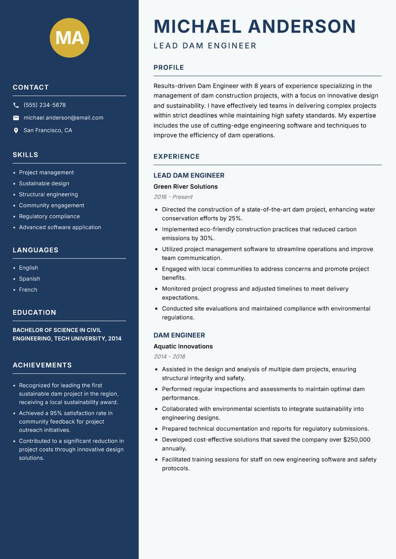 Dam Engineer resume sample — Lead Dam Engineer focus