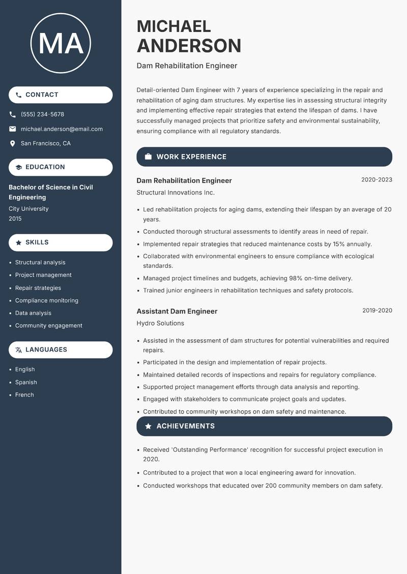 Dam Engineer resume sample — Dam Rehabilitation Engineer focus