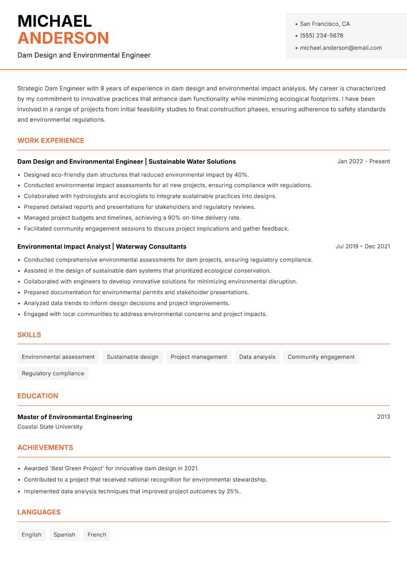 Dam Engineer resume sample — Dam Design and Environmental Engineer focus