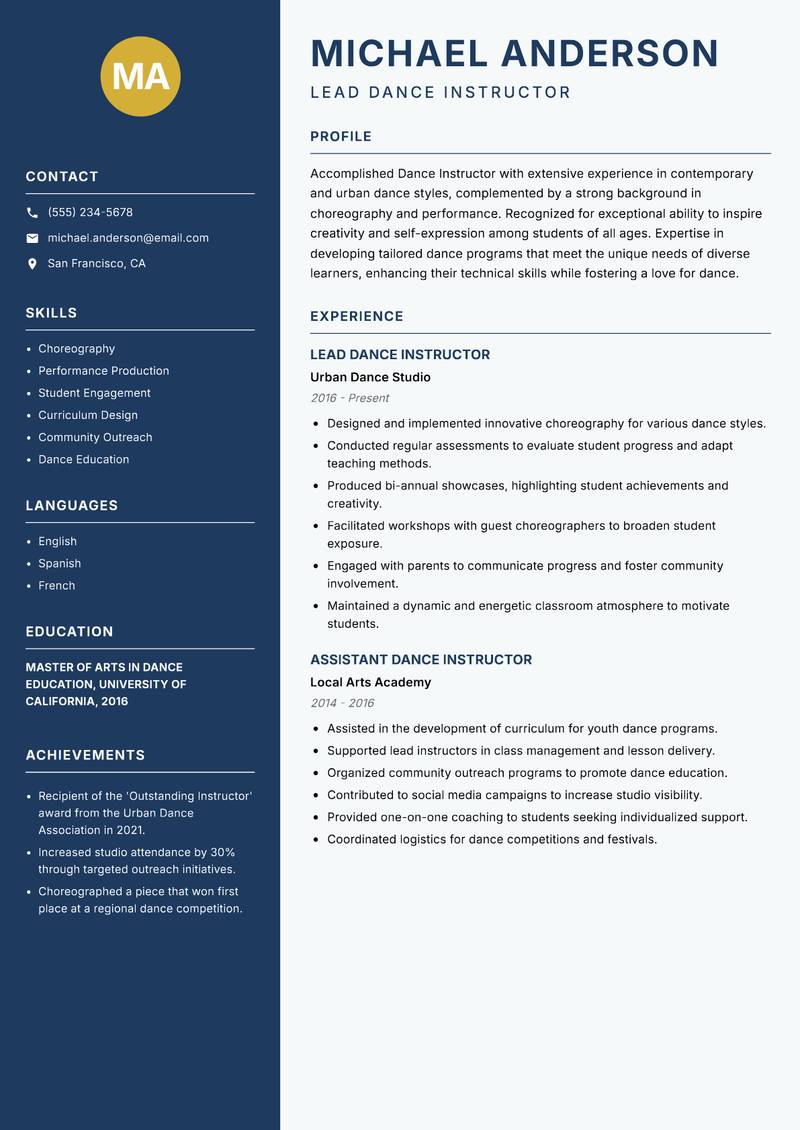 Dance Instructor resume sample — Lead Dance Instructor focus