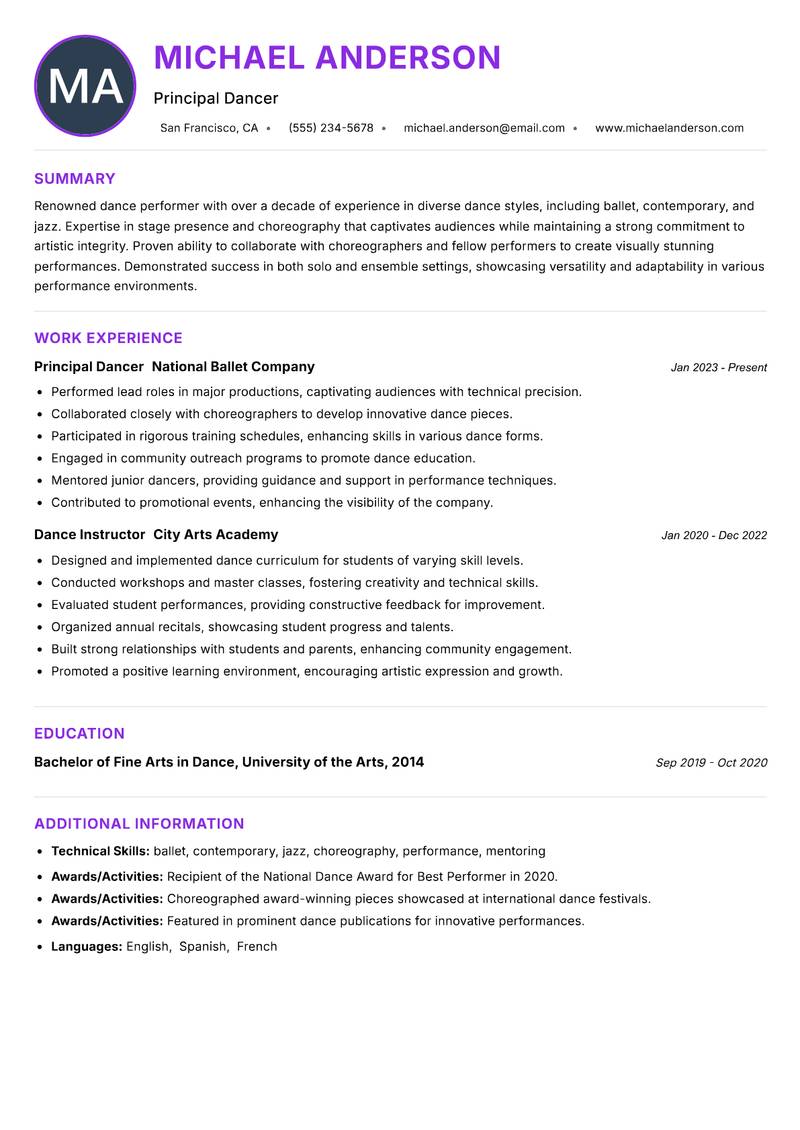 Dance Performer resume example