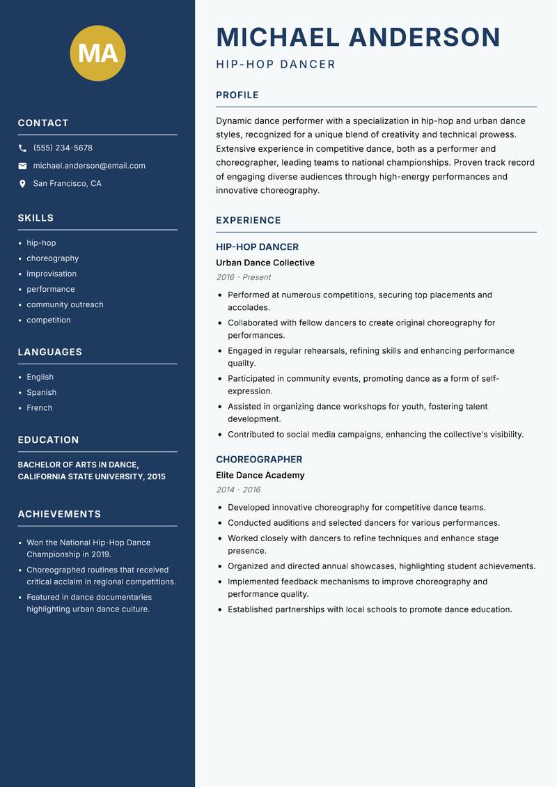 Dance Performer resume sample — Hip-Hop Dancer focus