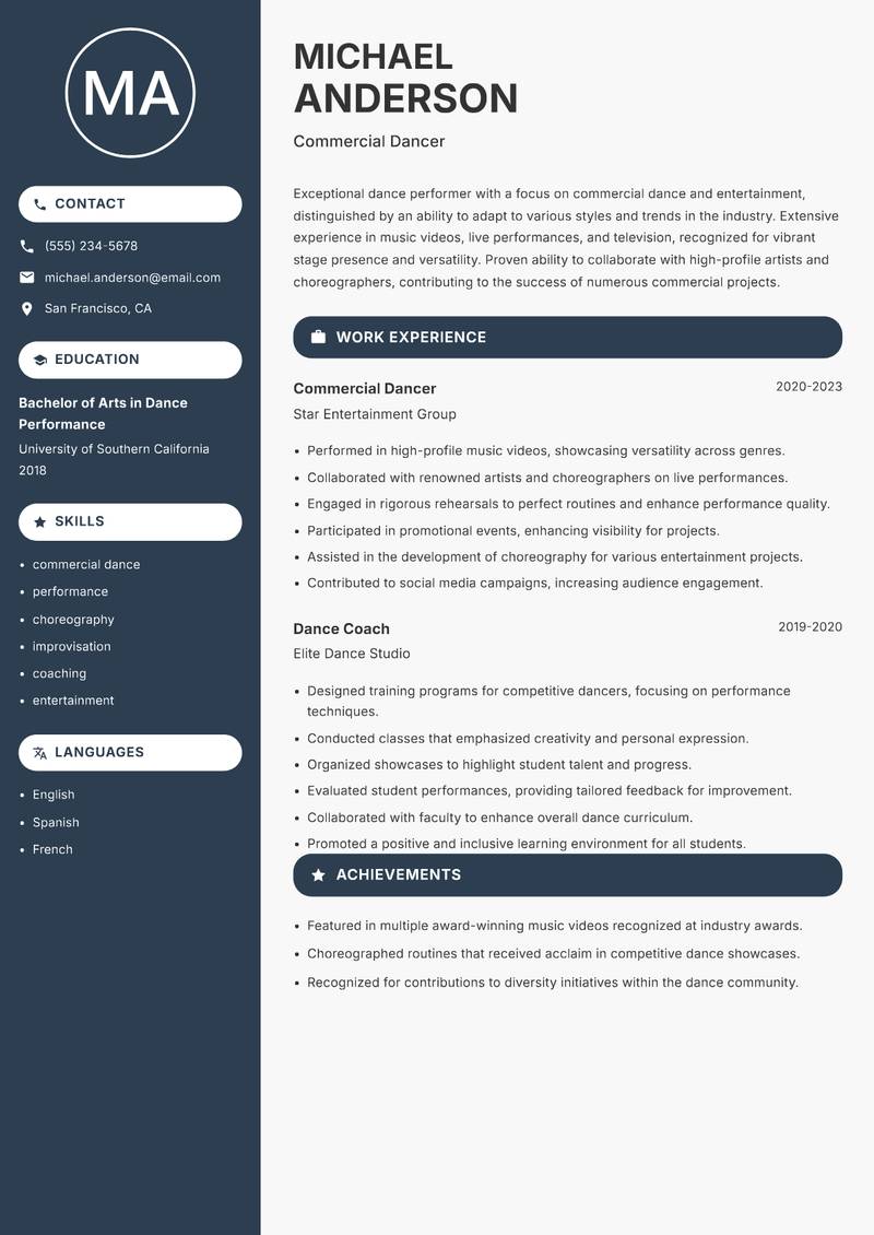 Dance Performer resume sample — Commercial Dancer focus