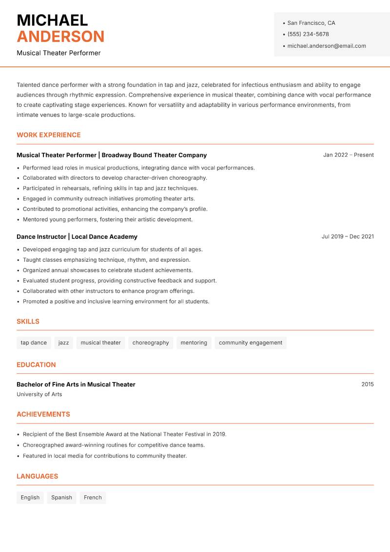 Dance Performer resume sample — Musical Theater Performer focus