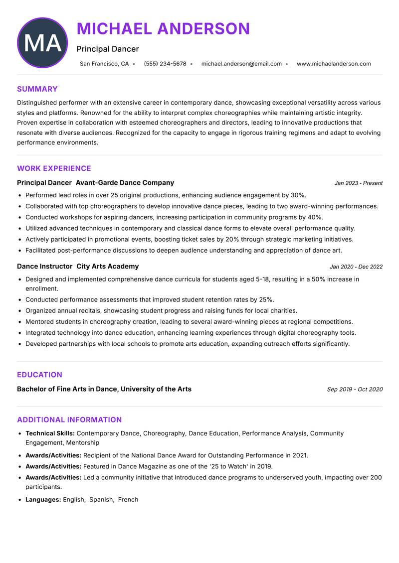 Dancer resume example