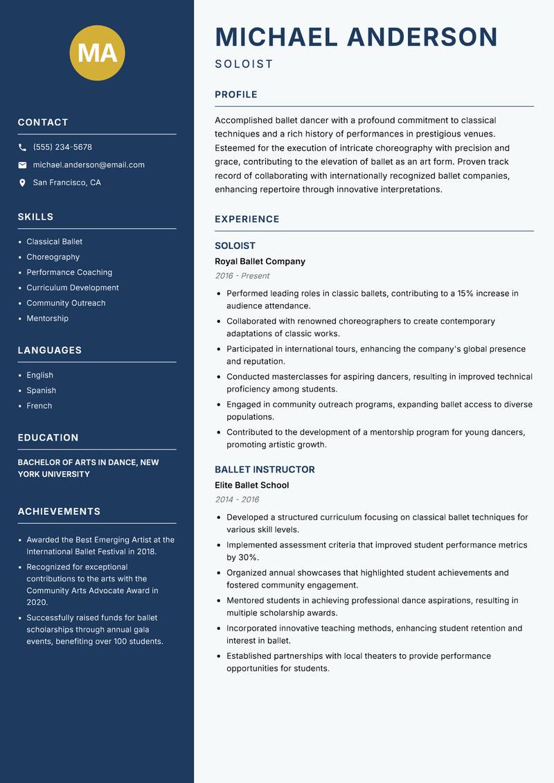 Dancer resume sample — Soloist focus