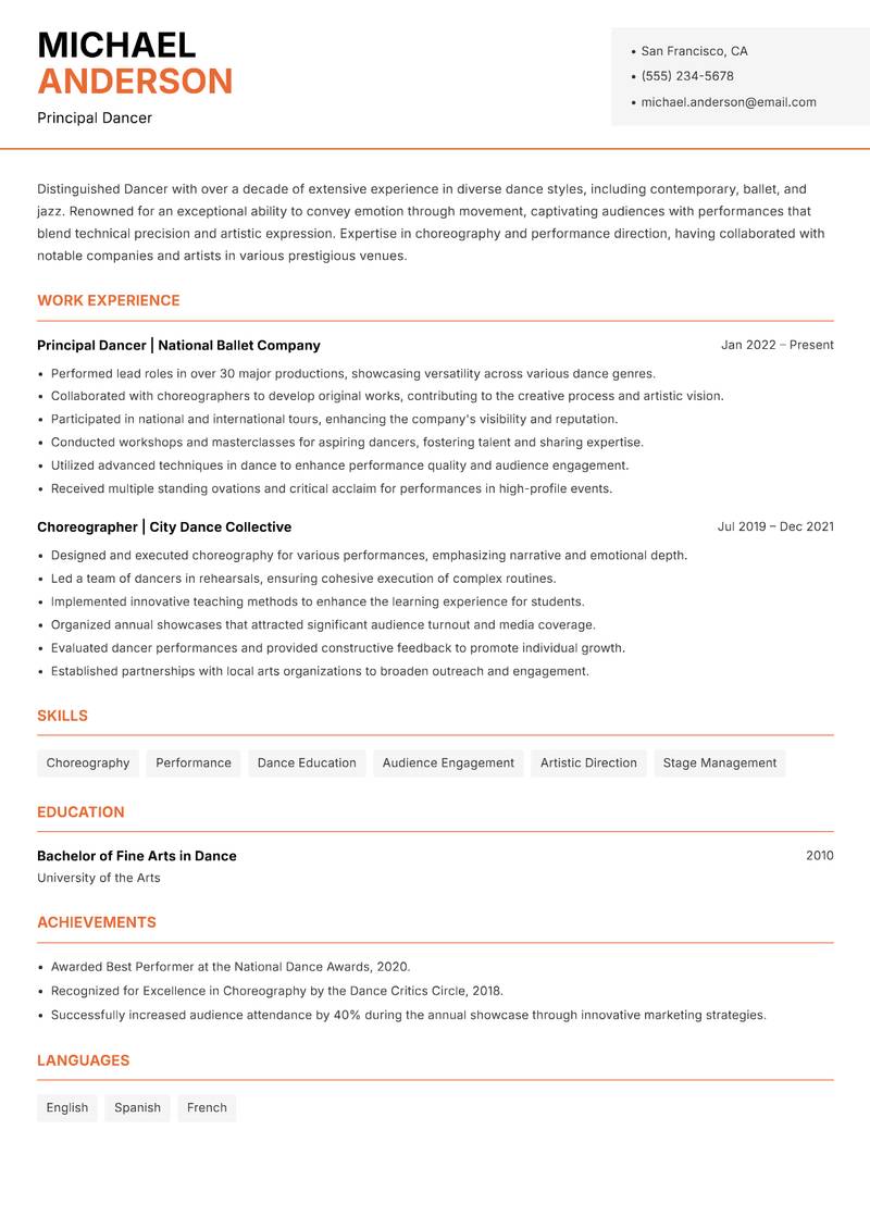 Dancer resume sample — Principal Dancer focus