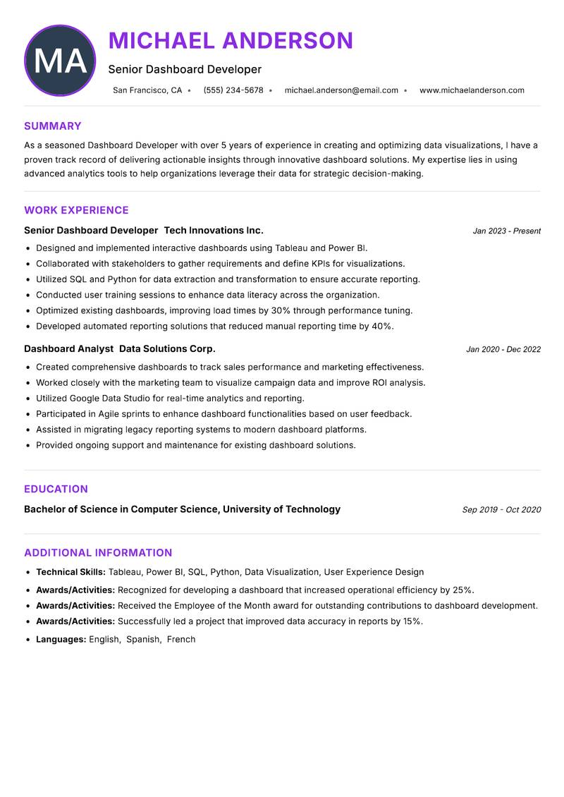 Dashboard Developer resume example