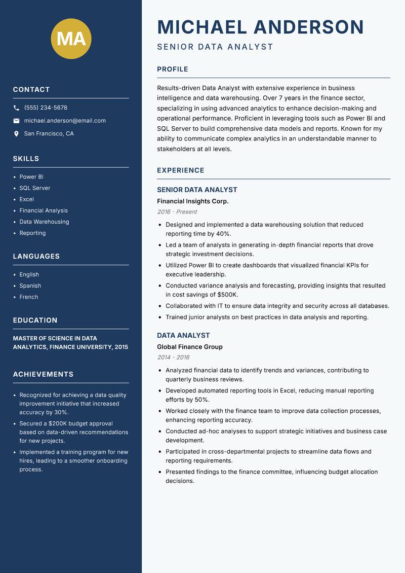 Data Analyst resume sample — Senior Data Analyst focus
