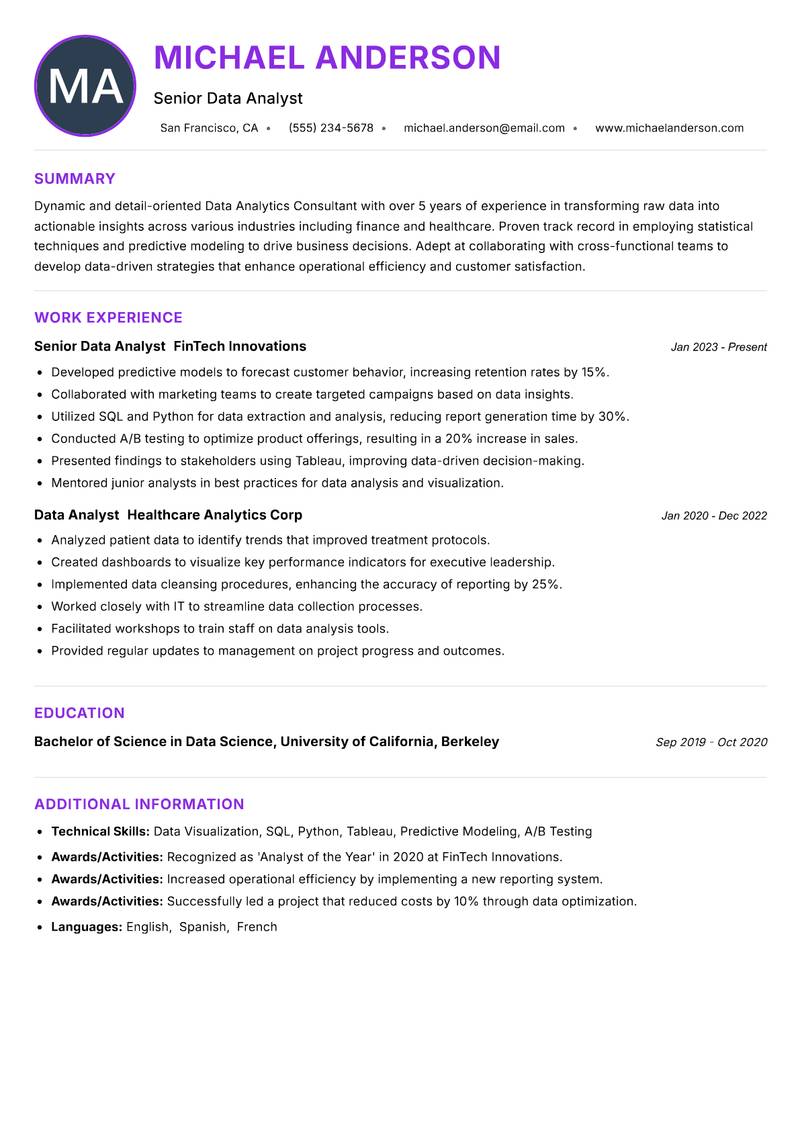 Data Analytics Consultant resume example