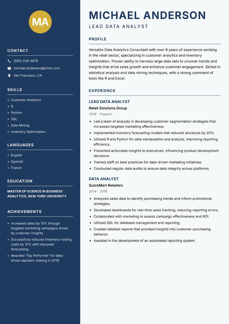 Data Analytics Consultant resume sample — Lead Data Analyst focus