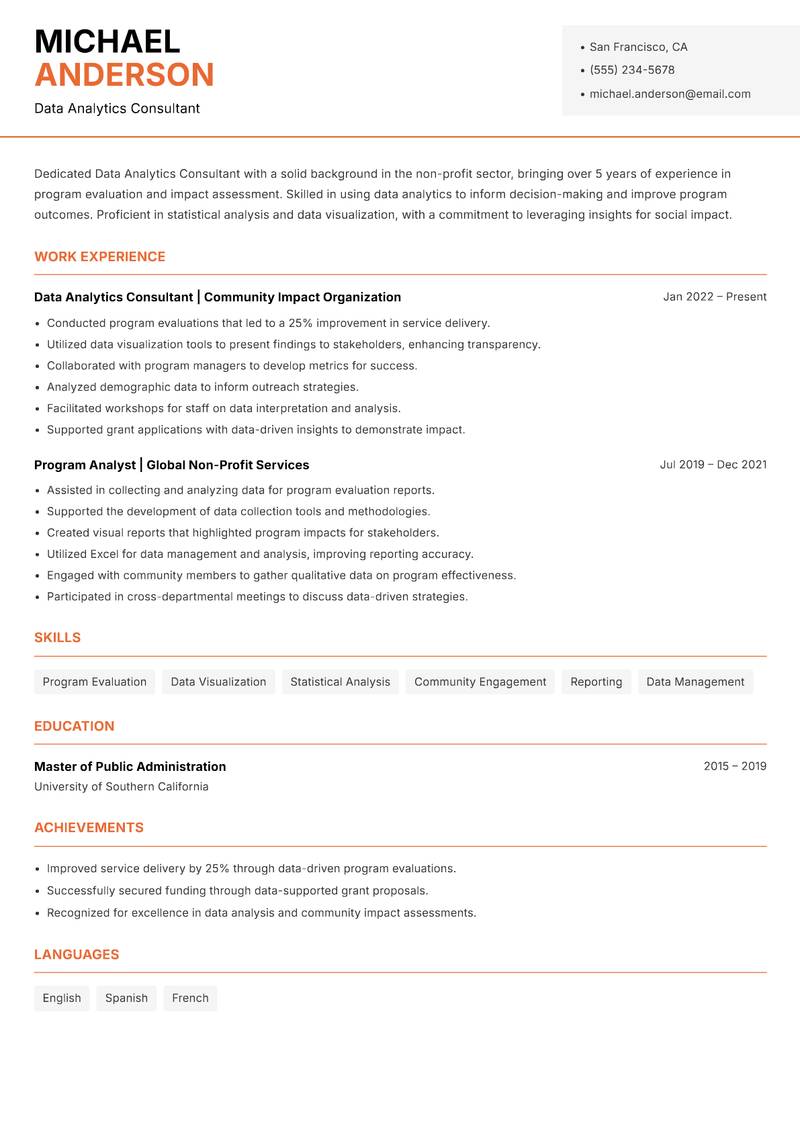 Data Analytics Consultant resume sample — Data Analytics Consultant focus