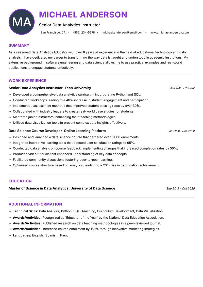 Data Analytics Educator resume example