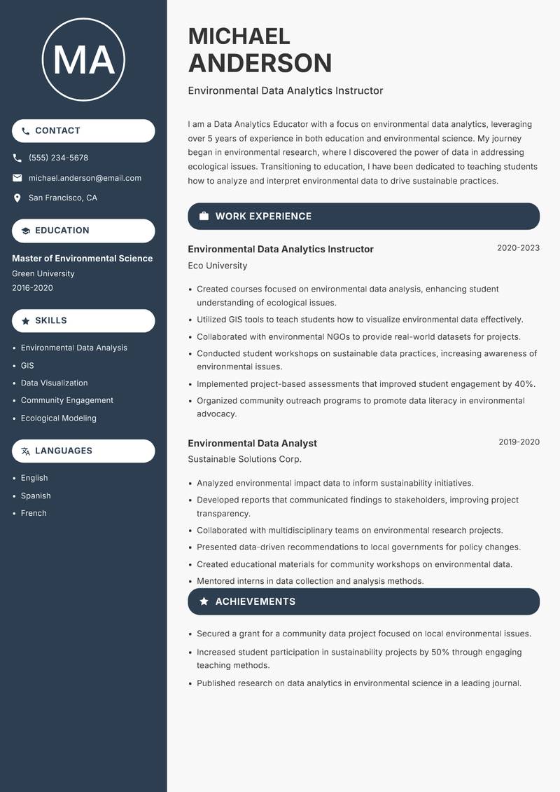 Data Analytics Educator resume sample — Environmental Data Analytics Instructor focus