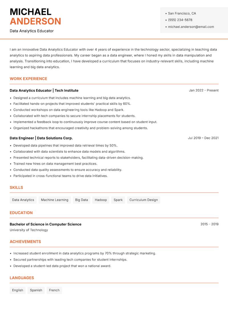 Data Analytics Educator resume sample — Data Analytics Educator focus