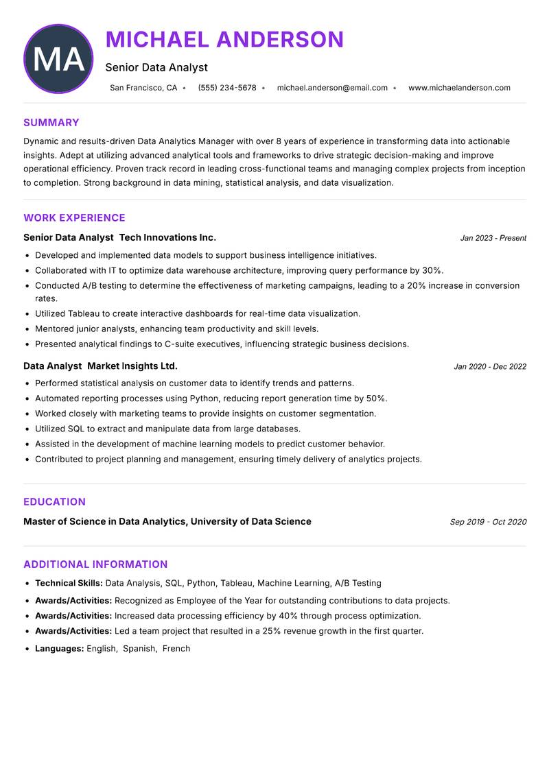 Data Analytics Manager resume example