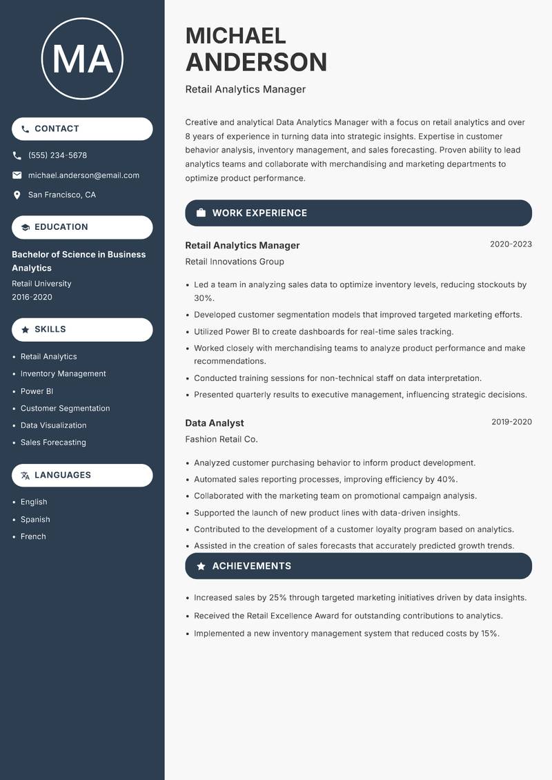 Data Analytics Manager resume sample — Retail Analytics Manager focus