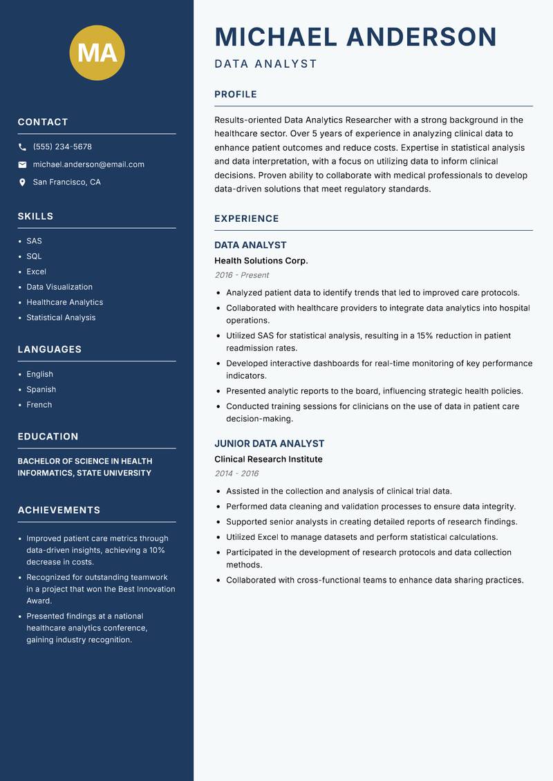 Data Analytics Researcher resume sample — Data Analyst focus
