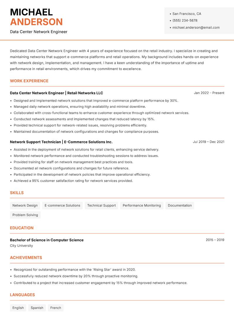 Data Center Network Engineer resume sample — Data Center Network Engineer focus