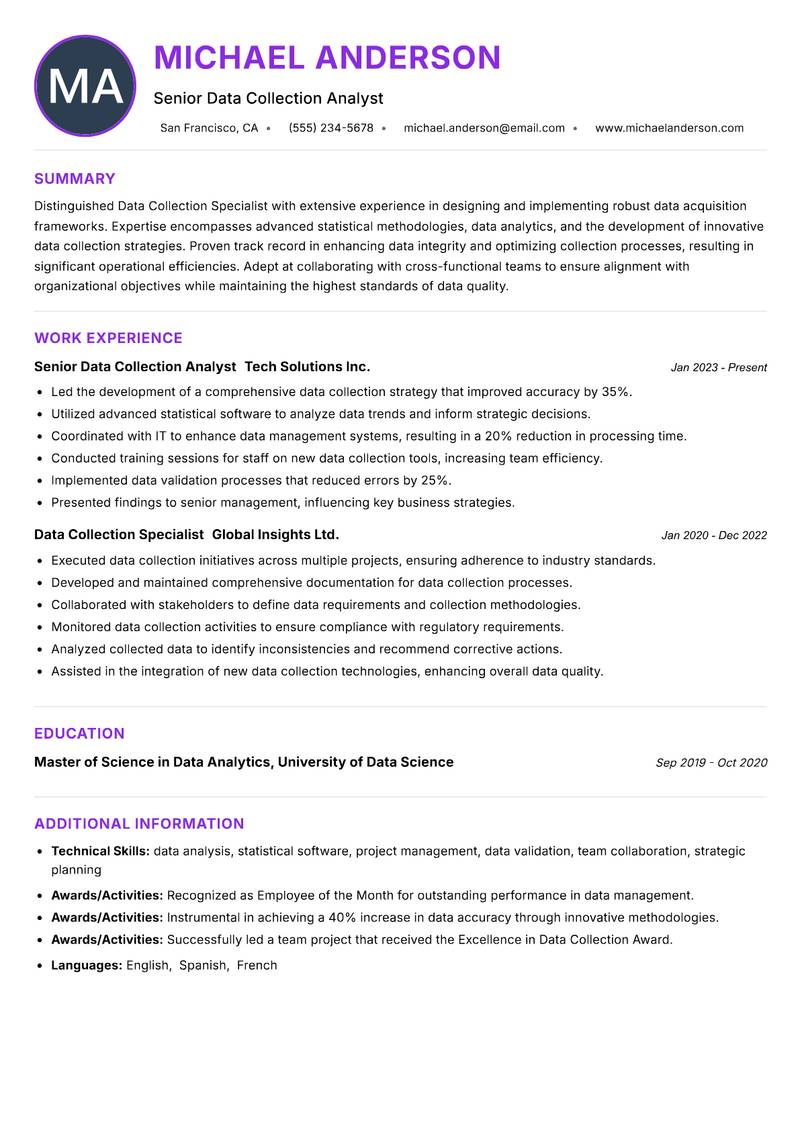 Data Collection Specialist resume example