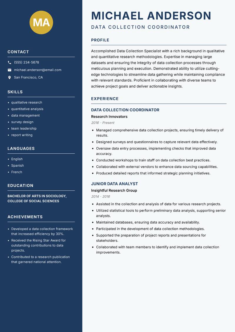 Data Collection Specialist resume sample — Data Collection Coordinator focus