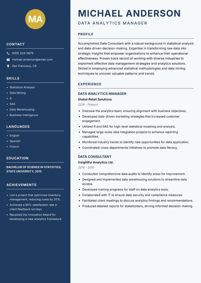 Data Consultant resume sample — Data Analytics Manager focus
