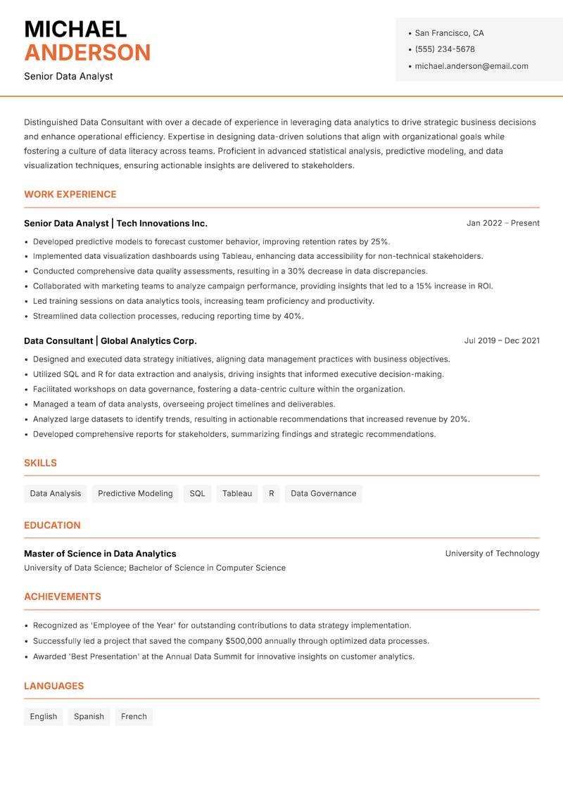 Data Consultant resume sample — Senior Data Analyst focus