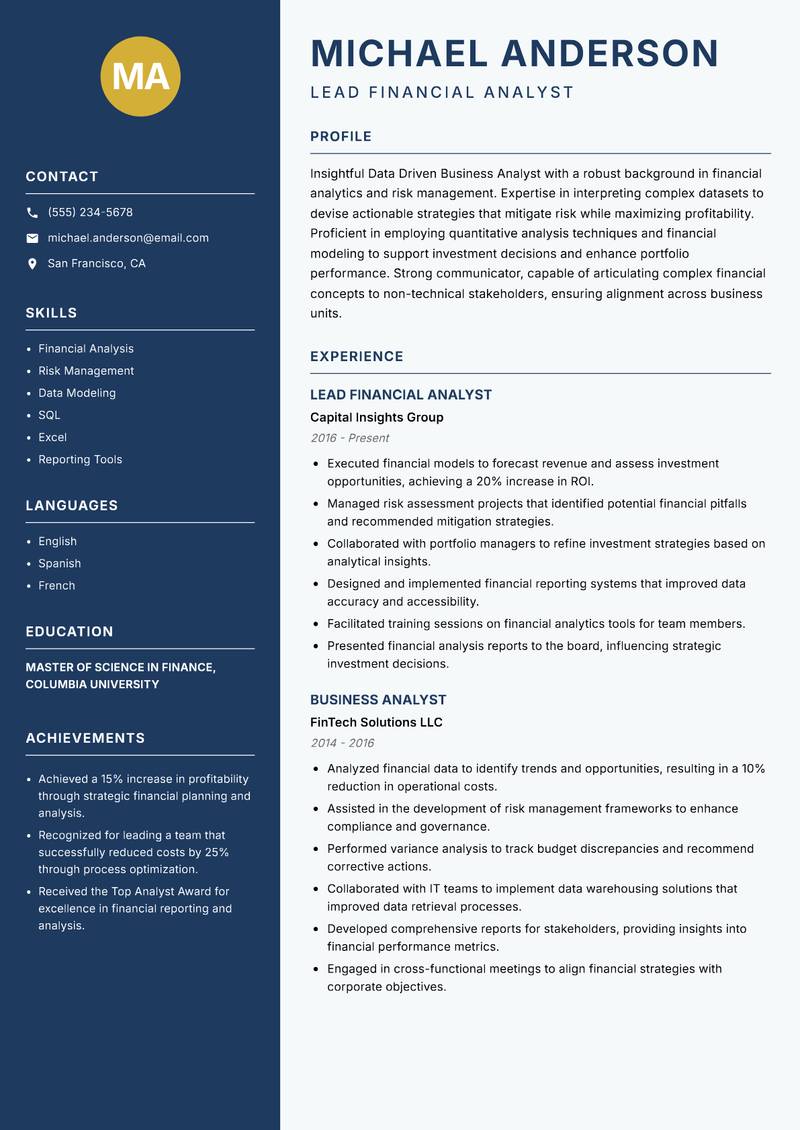 Data Driven Business Analyst resume sample — Lead Financial Analyst focus