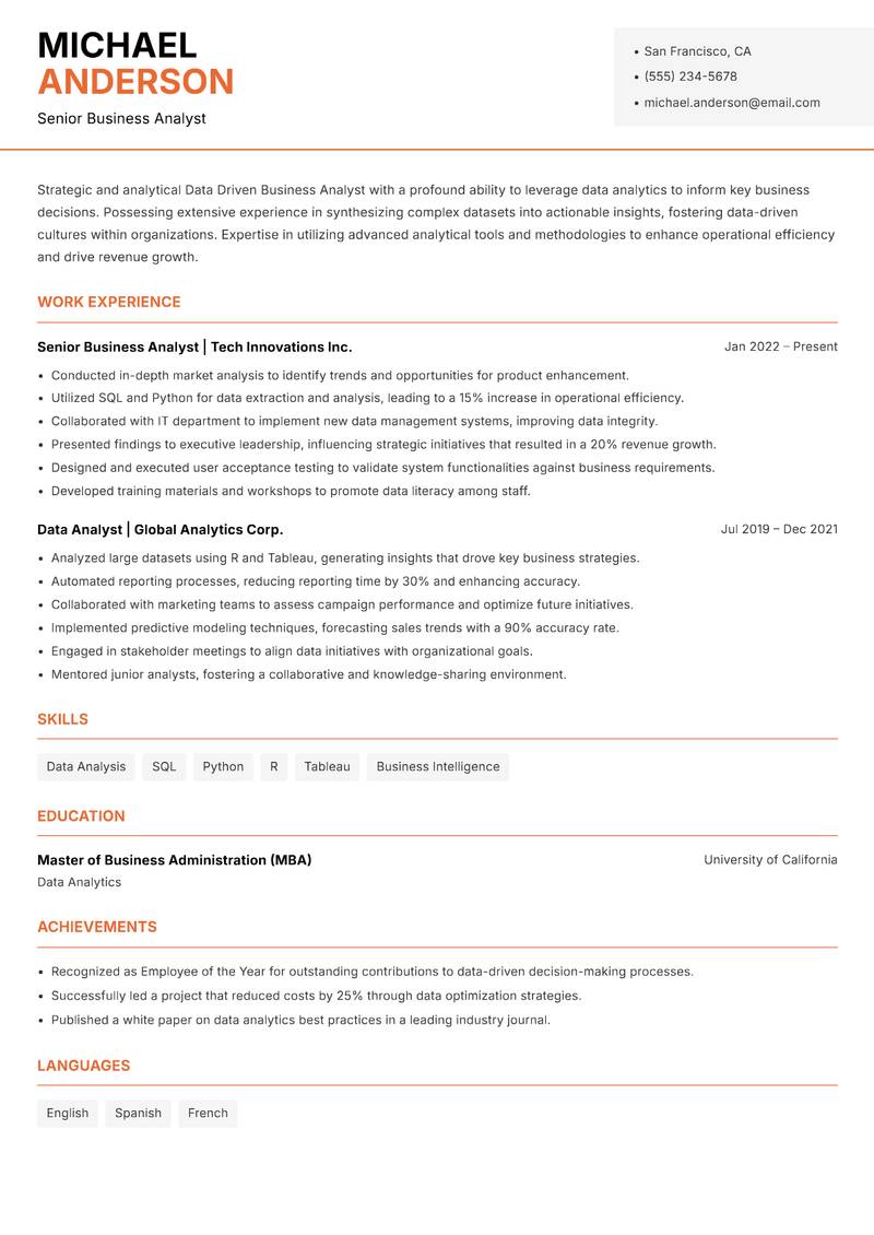 Data Driven Business Analyst resume sample — Senior Business Analyst focus