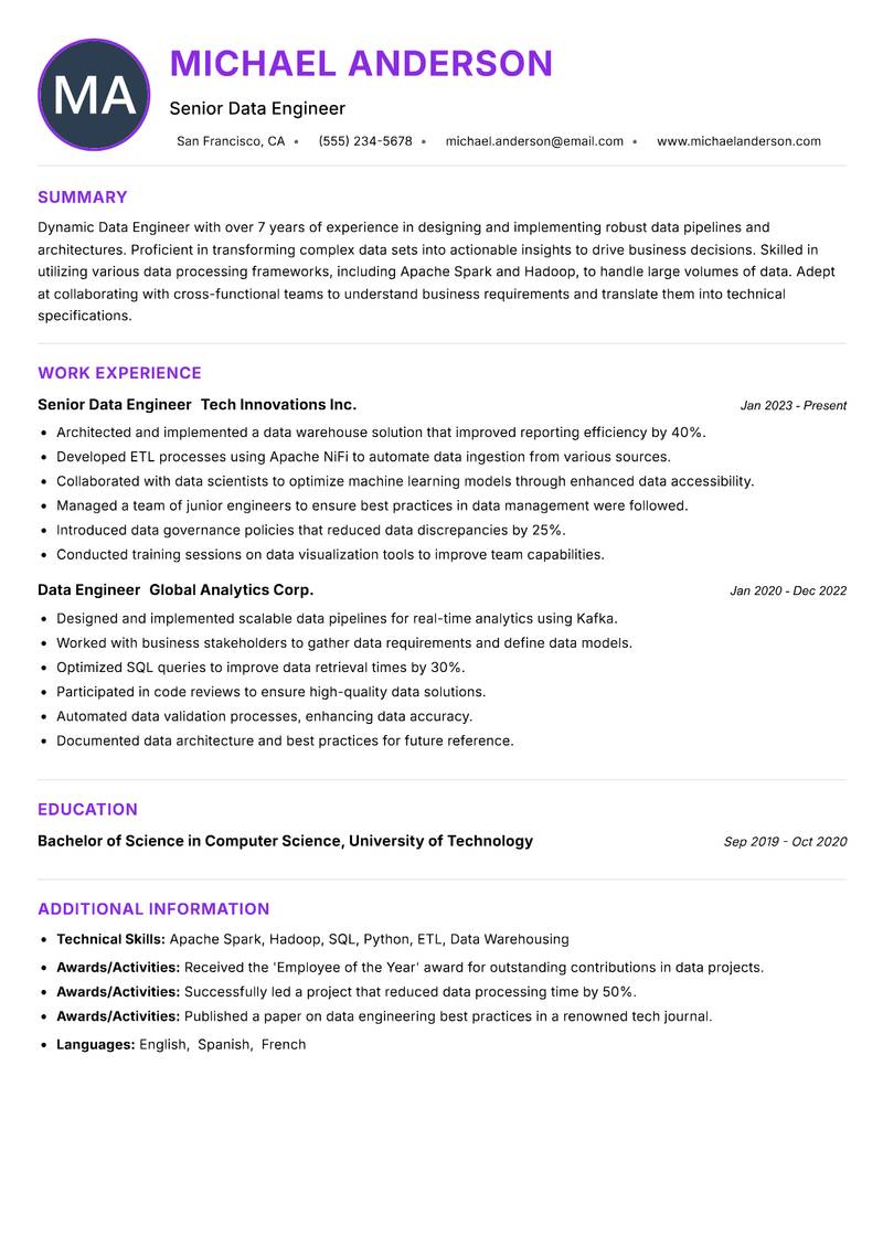 Data Engineer resume example