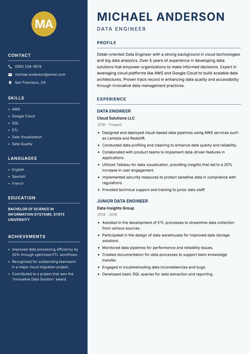 Data Engineer resume sample — Data Engineer focus