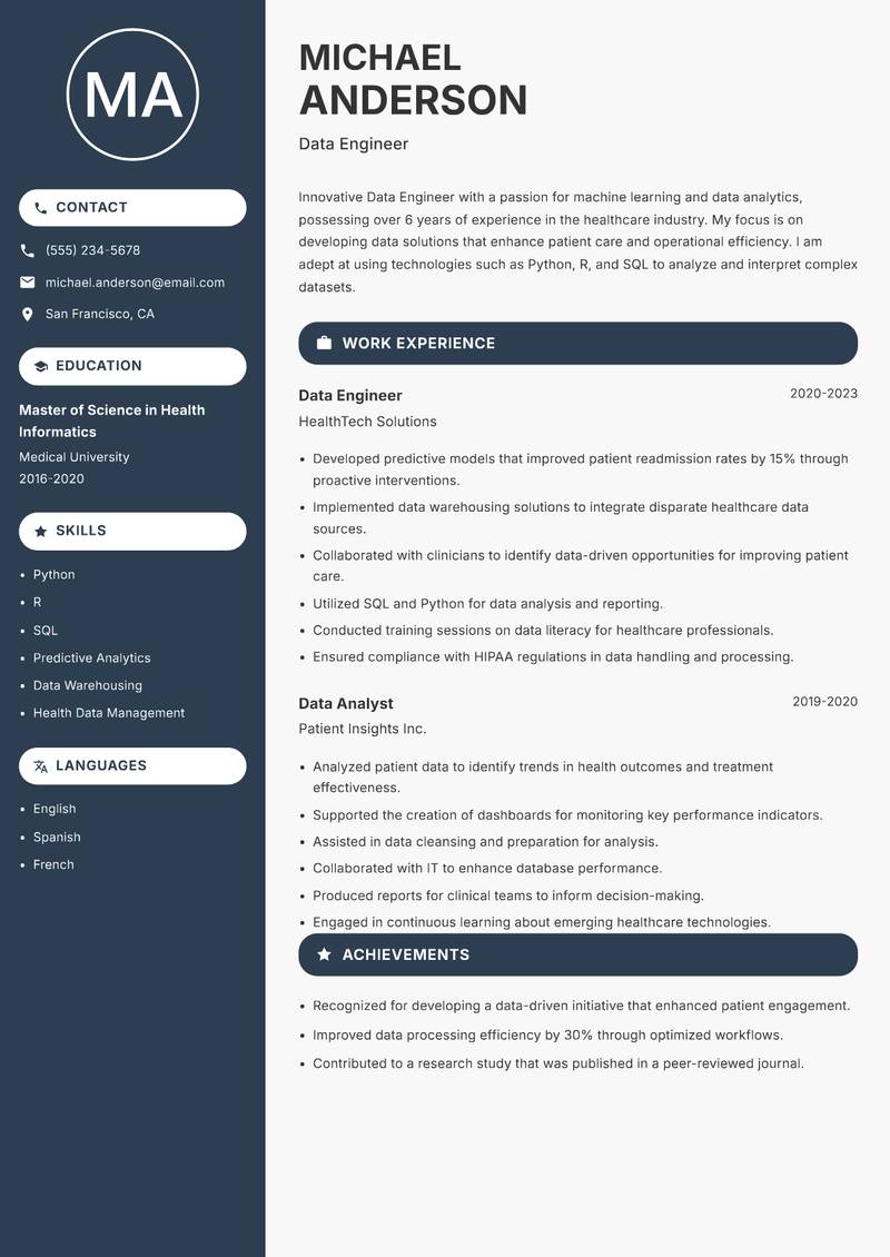 Data Engineer resume sample — Data Engineer focus