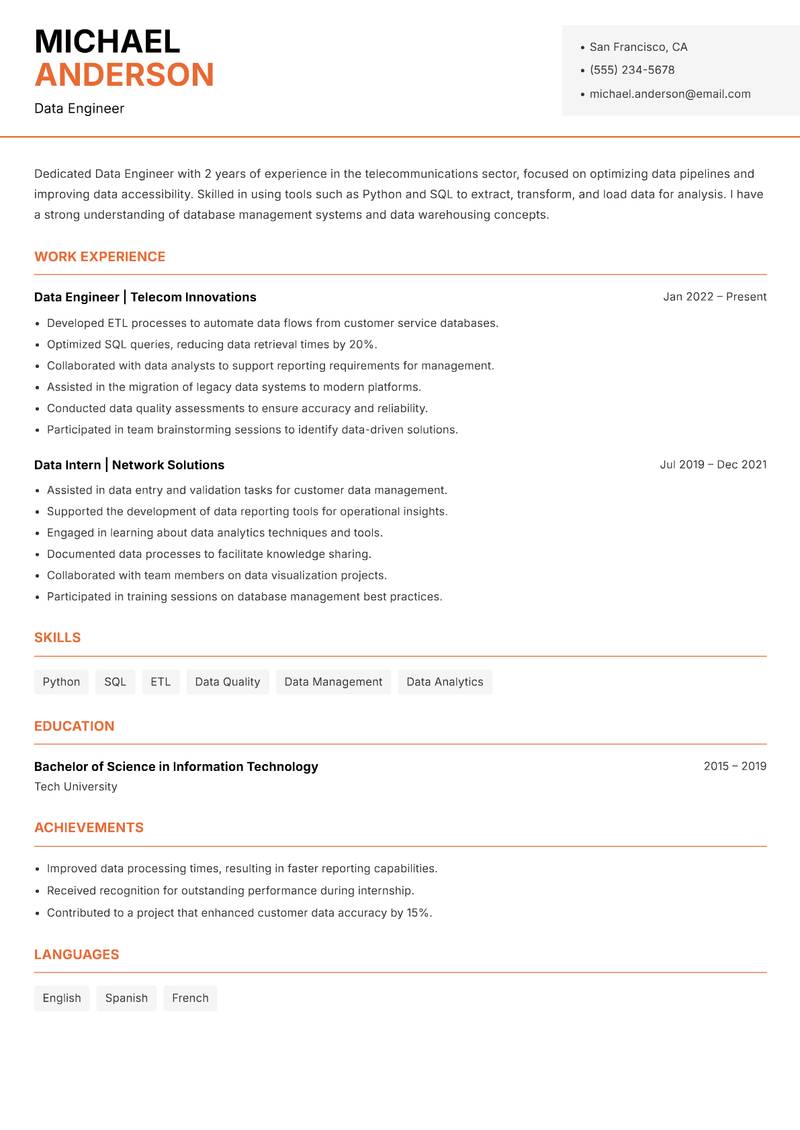 Data Engineer resume sample — Data Engineer focus