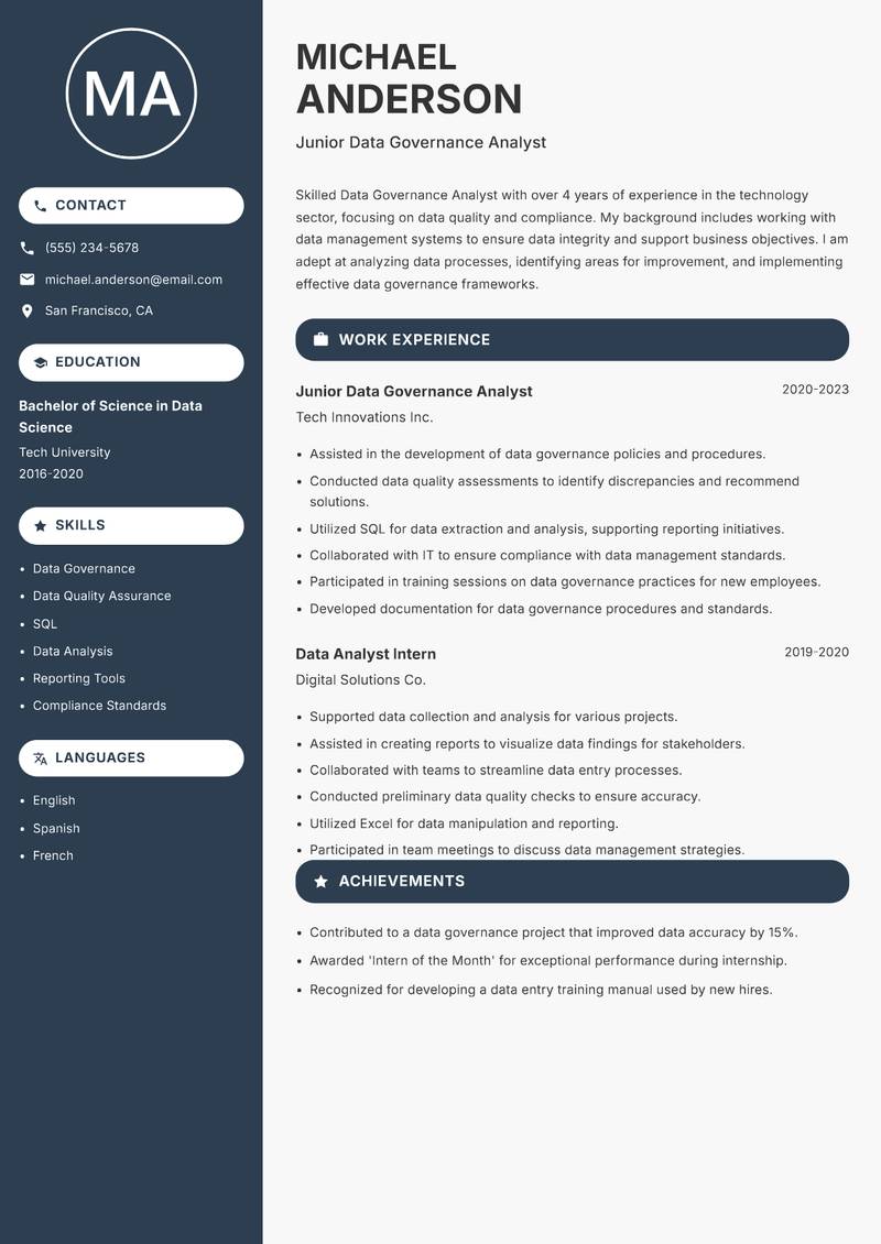 Data Governance Analyst resume sample — Junior Data Governance Analyst focus